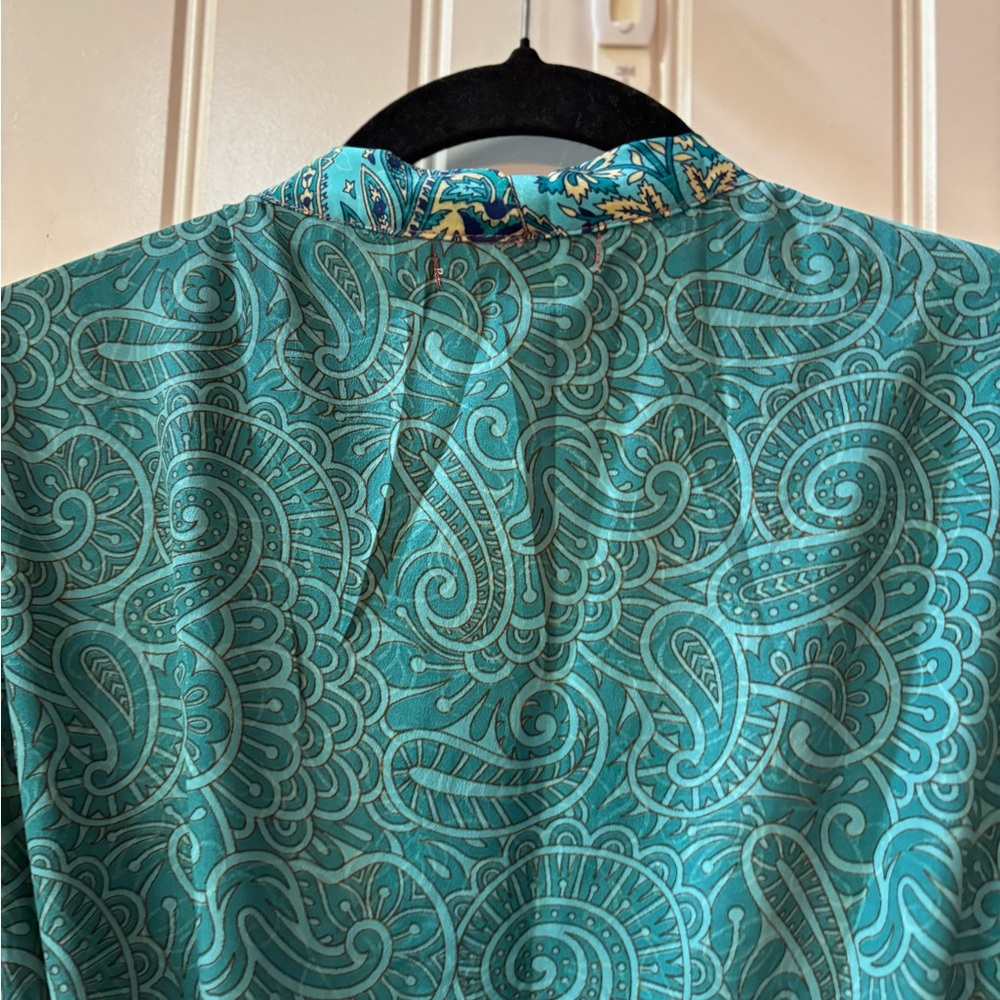 Multi-Pattern Kimono Robe in Teal, Mustard & Burgundy - Picture 7 of 10